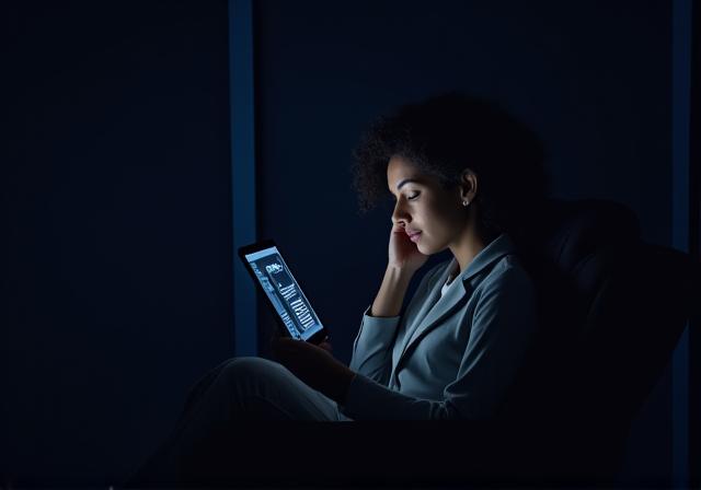 Donna che legge un tablet in modo rilassato al mattino