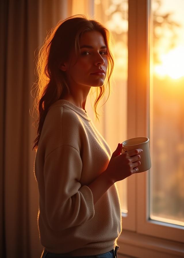 Donna che sorride guardando l'alba con calma e determinazione